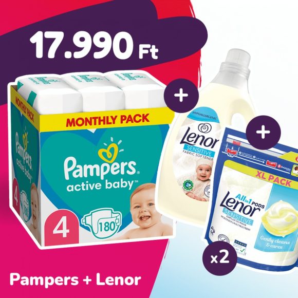 Pampers Active Baby pelenka, Maxi 4, 9-14 kg, 180 db + 2 csomag Lenor mosókapszula + öblítő