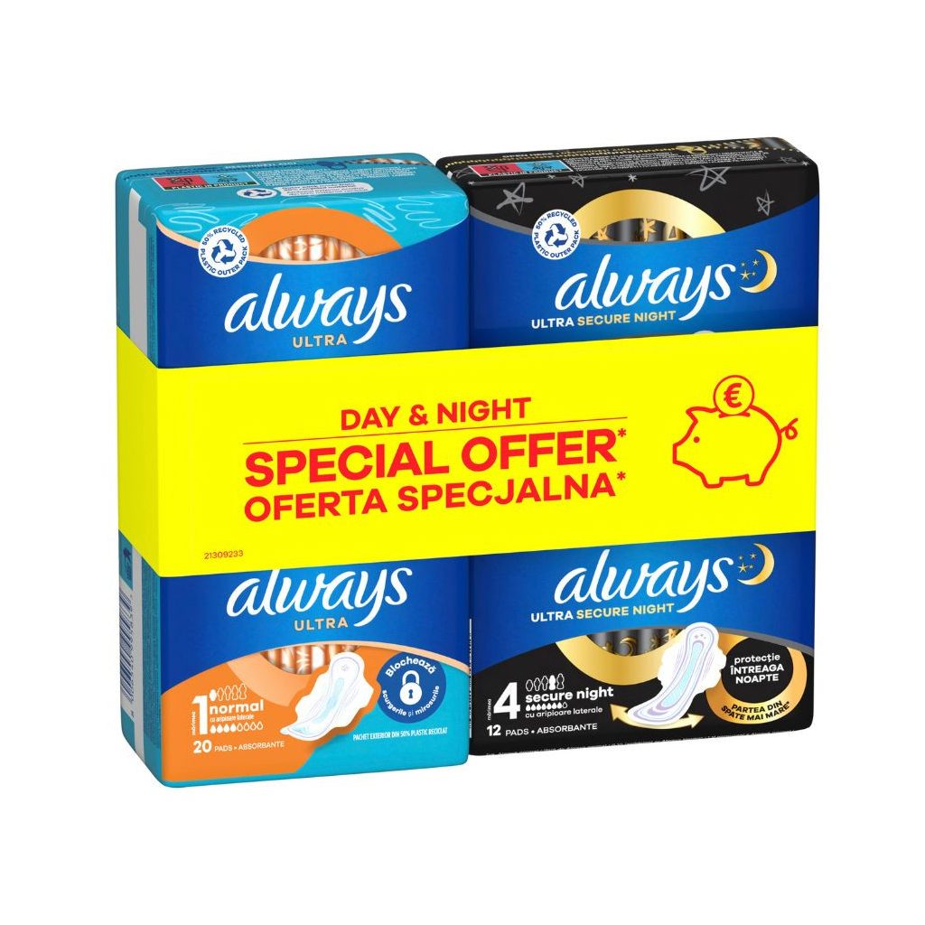 Always Nappali és Éjszakai Egészségügyi Betét Csomag: Ultra 1-es (20 db) + Ultra Secure Night 4-es (12 db)