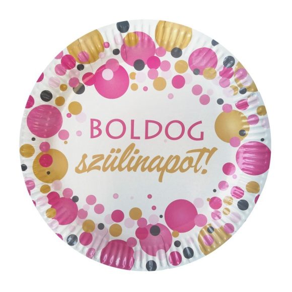 Rózsaszín pasztell konfettis parti tányér Boldog Szülinapot! felirattal - 23 cm (6 db)