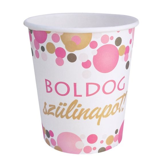 Rózsaszín pasztell konfettis parti papír pohár Boldog Szülinapot! felirattal - 250 ml (6 db)