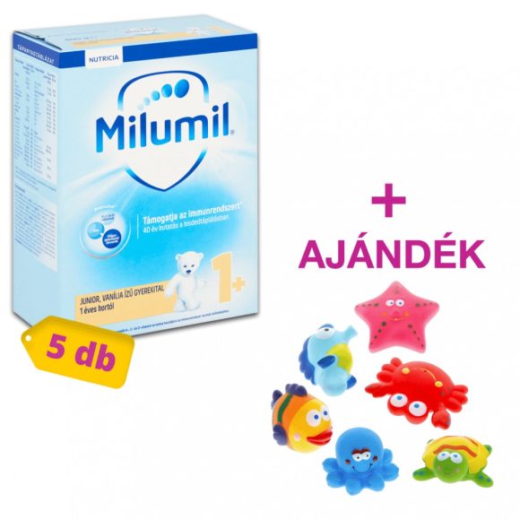 Milumil Junior 1+ vanília ízű gyerekital 12 hó+ (5x600 g) + AJÁNDÉK Bébi fürdőjáték vidám állatokkal (6 db)