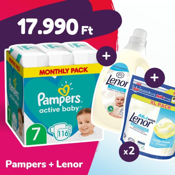 Pampers Active Baby pelenka, XL 7, 15 kg+, 116 db + 2 csomag Lenor mosókapszula + öblítő