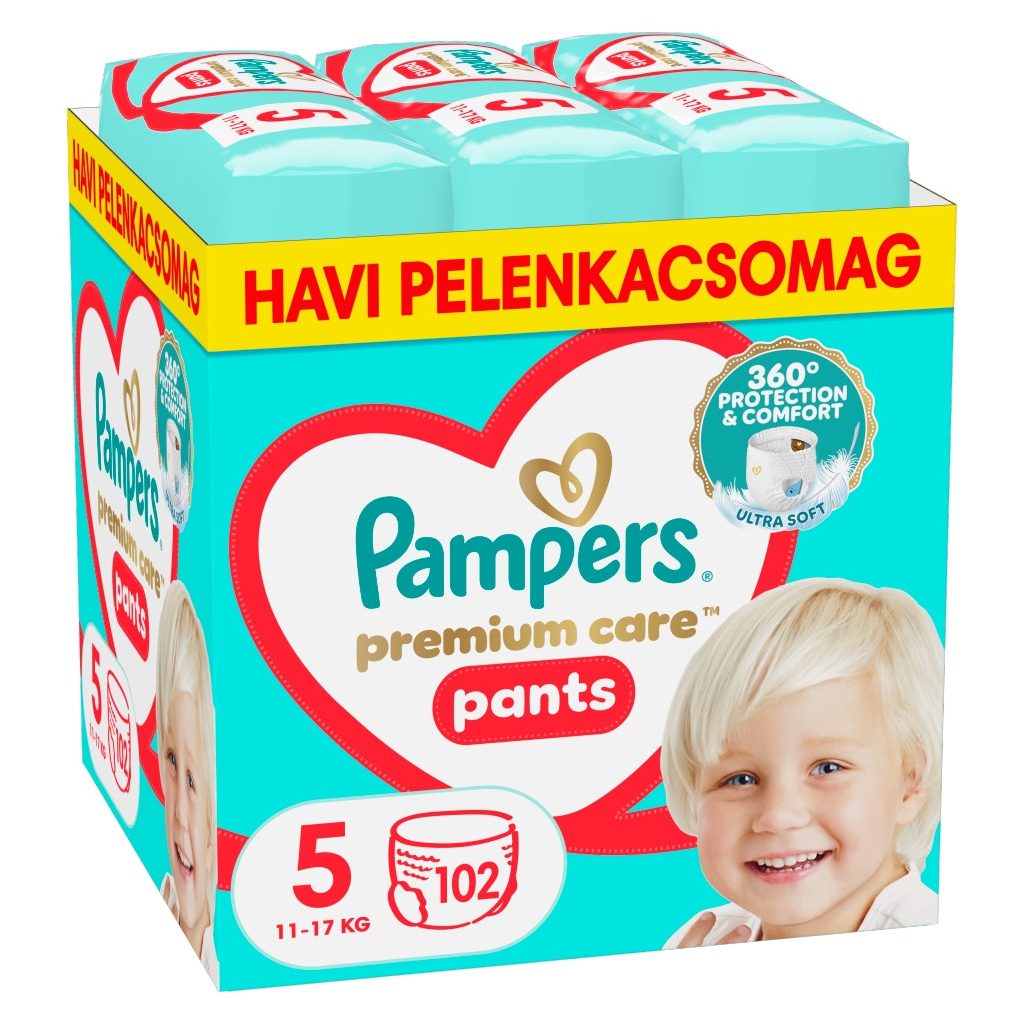 Pampers Premium Care Pants bugyipelenka 5, 11-17 kg, HAVI PELENKACSOMAG 102 db