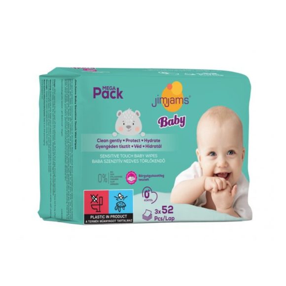 JimJams Baby nedves popsitörlőkendő multipack - illatmentes (3x52 db)