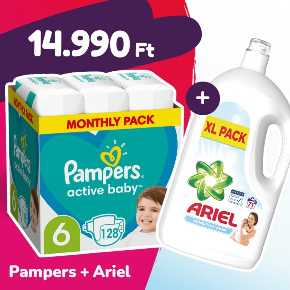 Pampers Active Baby pelenka, Junior 6, 13-18 kg, 128 db + Ariel Sensitive mosógél