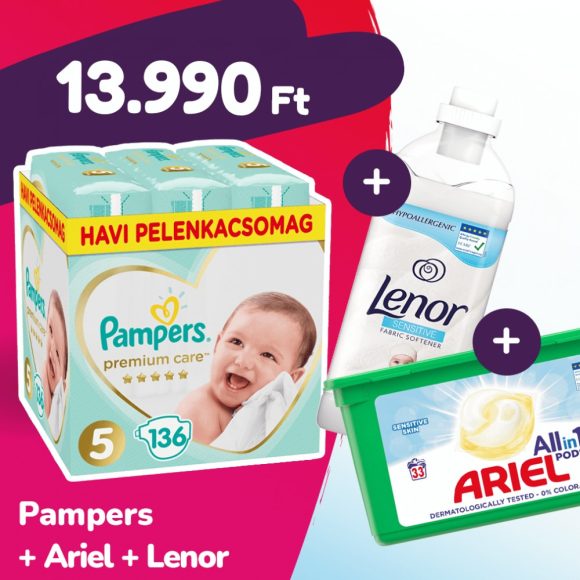 Pampers Premium Care pelenka, Junior 5, 11-16 kg, 136 db + Ariel mosókapszula + Lenor öblítő