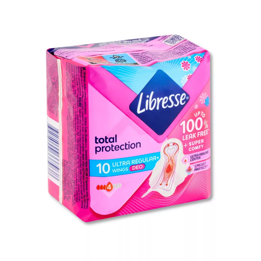 Libresse Ultra+ Deo Freshness & Protection enyhén illatosított szárnyas egészségügyi betét (10 db)