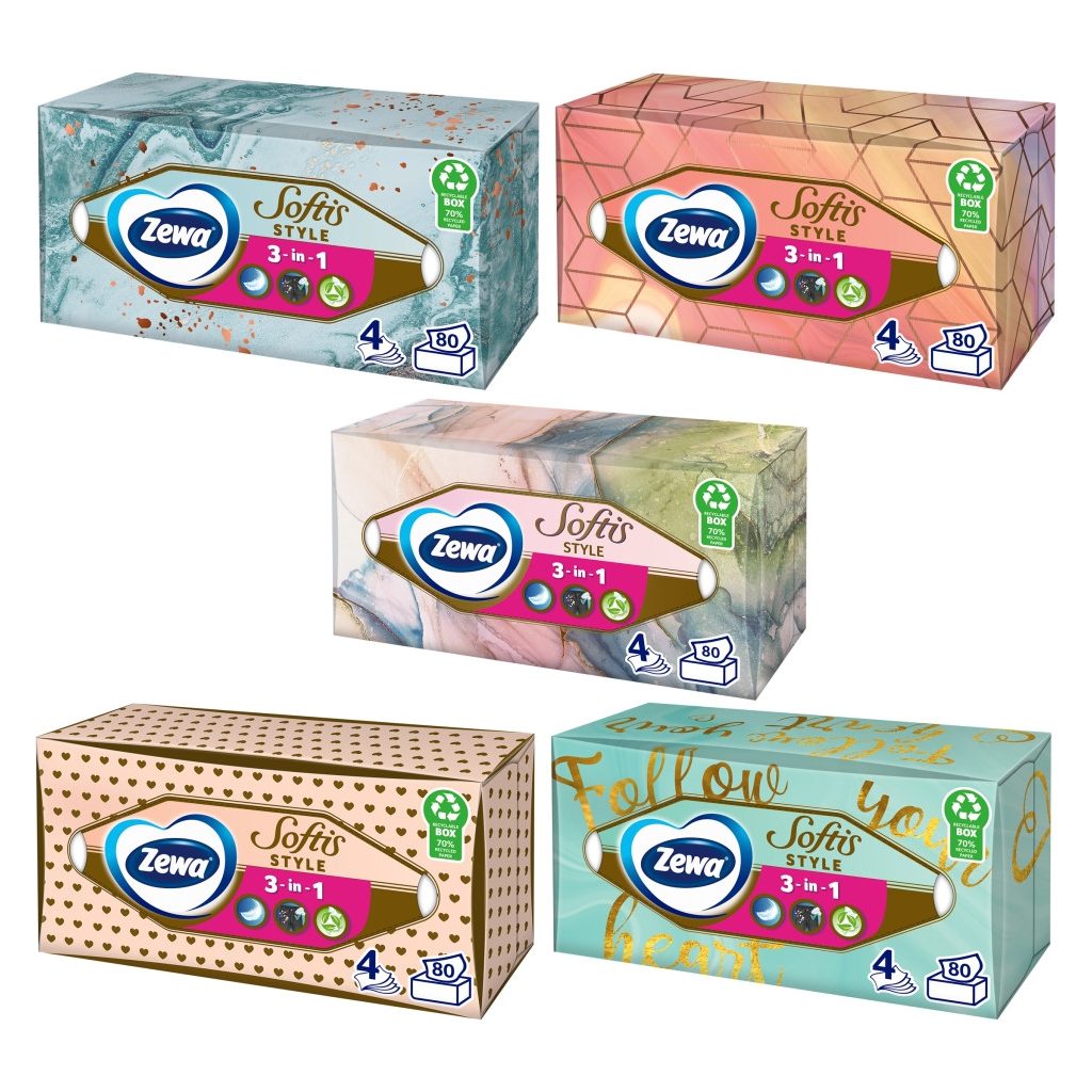 Zewa Softis Style 4 rétegű illatmentes dobozos papírzsebkendő (80 db)