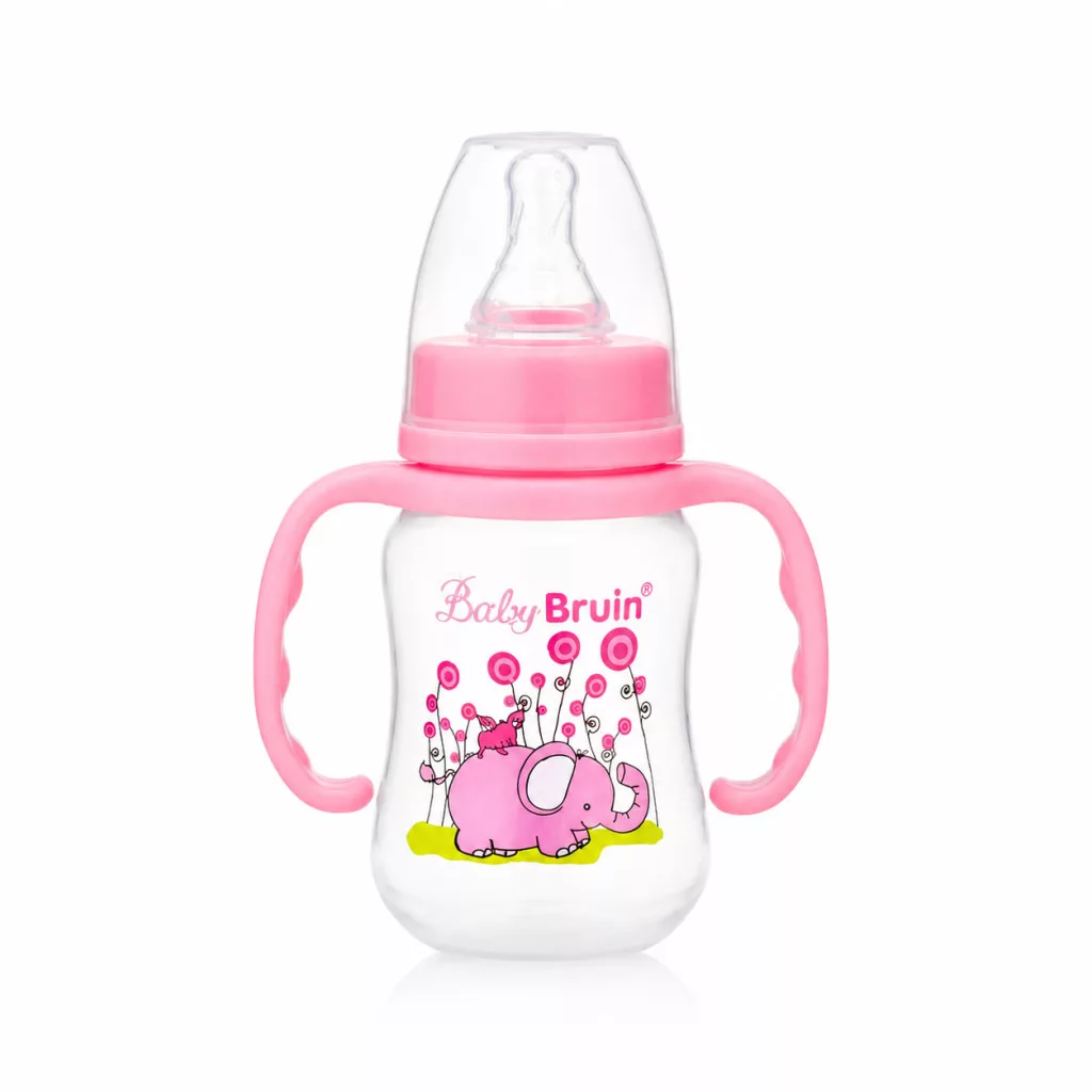 BabyBruin műanyag karcsúsított cumisüveg fogóval - rózsaszín (125 ml)