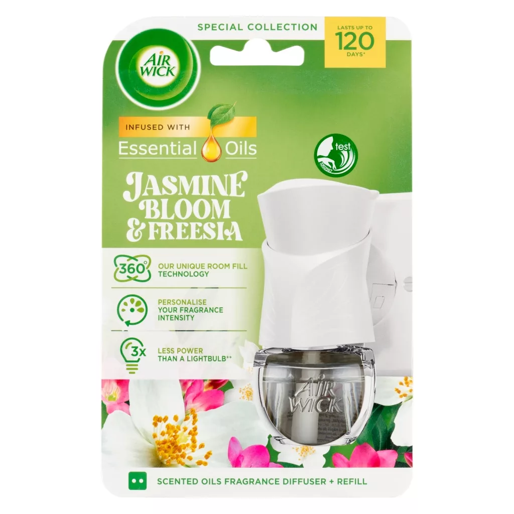 Air Wick elektromos légfrissítő készülék, Virágzó jázmin és frézia utántöltővel (19 ml)