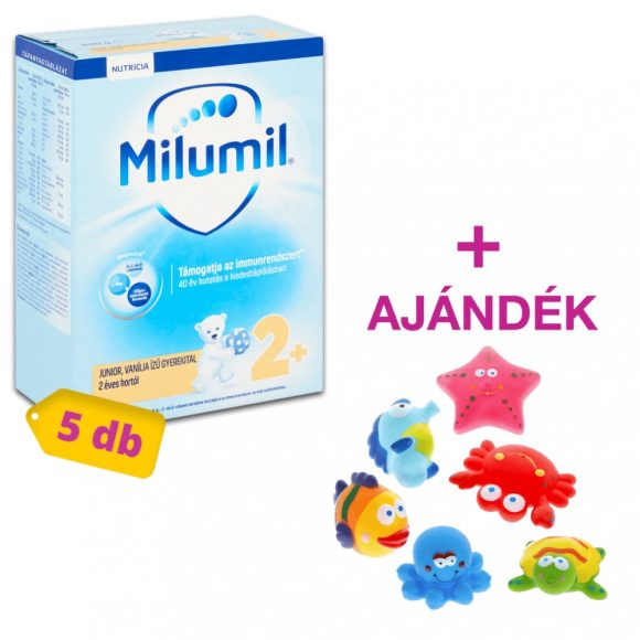 Milumil Junior 2+ vanília ízű gyerekital 24 hó+ (5x600 g) + AJÁNDÉK Bébi fürdőjáték vidám állatokkal (6 db)