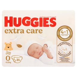   Huggies Extra Care pelenka, 0-4 kg, 25 db + ajándék Baba az autóban matrica
