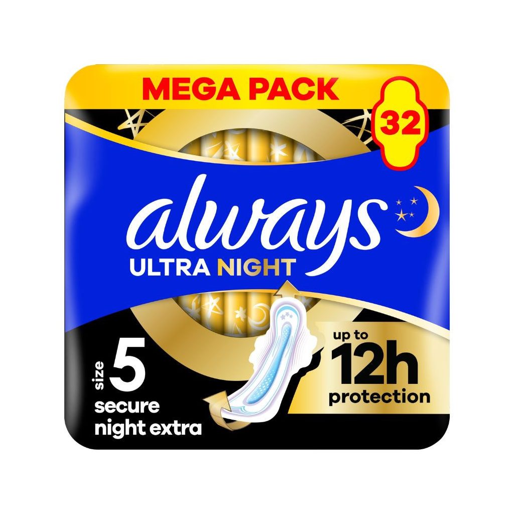 Always Ultra Secure Night Extra egészségügyi szárnyas betét, 5-ös méret (32 db)