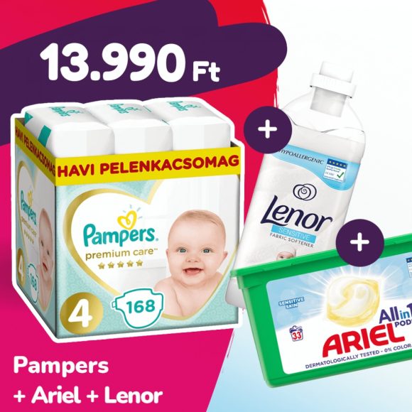 Pampers Premium Care pelenka, Maxi 4, 9-14 kg, 168 db + Ariel mosókapszula + Lenor öblítő