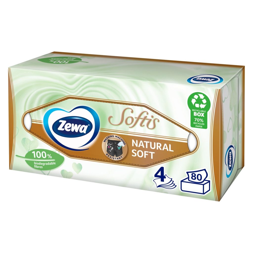 Zewa Softis Natural Soft 4 rétegű illatmentes dobozos papírzsebkendő (80 db)