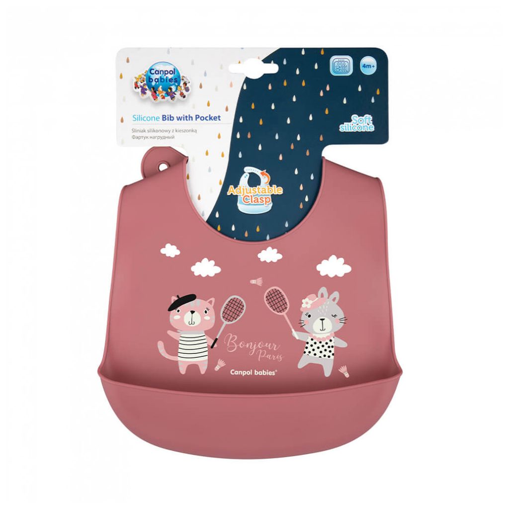 Canpol babies Szilikonos előke zsebbel Bonjour Paris, 4 hó+ (pink)