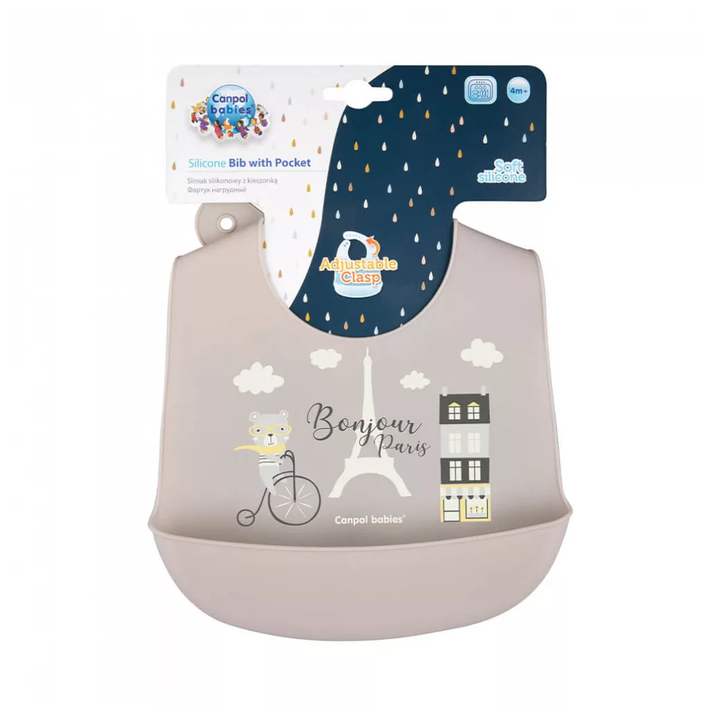 Canpol babies Szilikonos előke zsebbel Bonjour Paris, 4 hó+ (bézs)