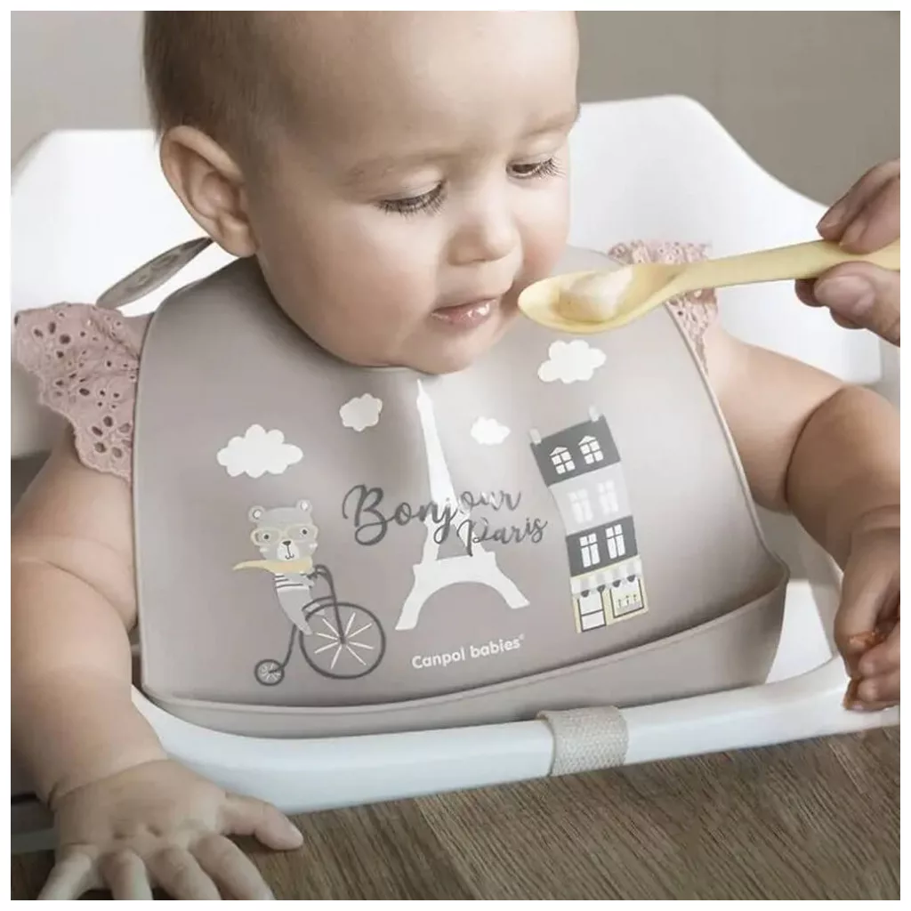 Canpol babies Szilikonos előke zsebbel Bonjour Paris, 4 hó+ (bézs)