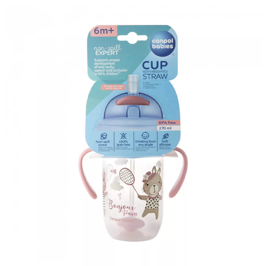Canpol babies Cseppmentes szívószálas itatópohár nehezékkel, 270 ml, 6 hó+ (pink)