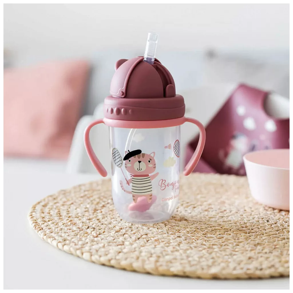 Canpol babies Cseppmentes szívószálas itatópohár nehezékkel, 270 ml, 6 hó+ (pink)