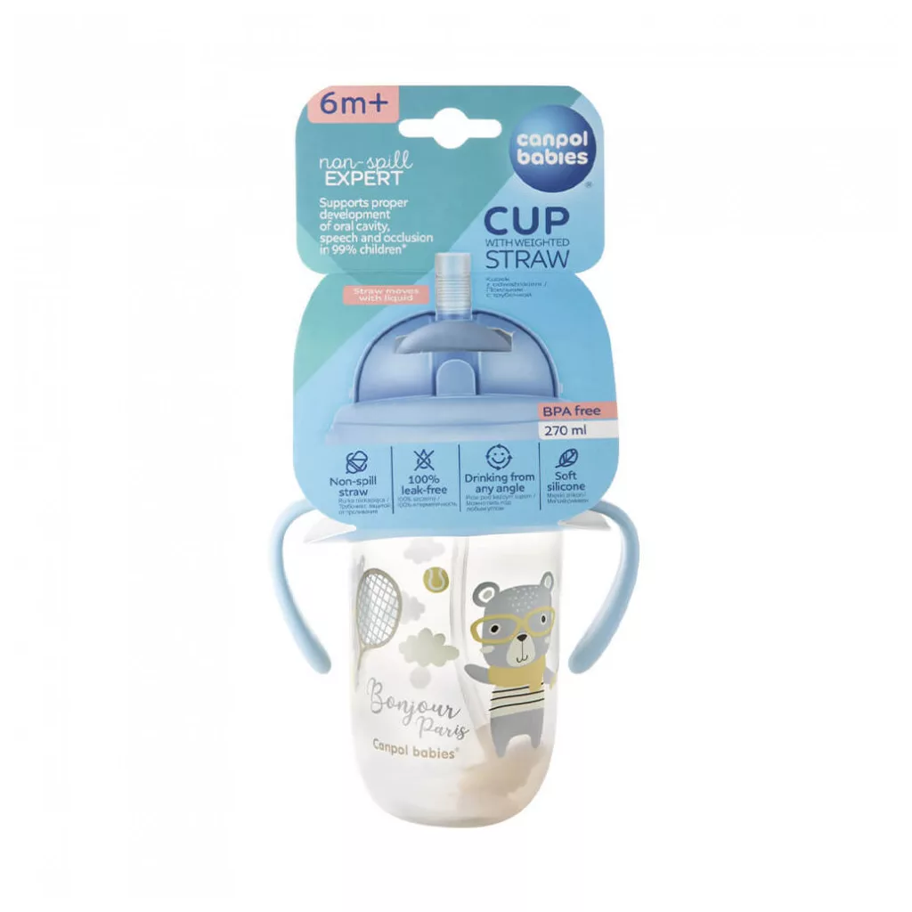 Canpol babies Cseppmentes szívószálas itatópohár nehezékkel, 270 ml, 6 hó+ (kék)