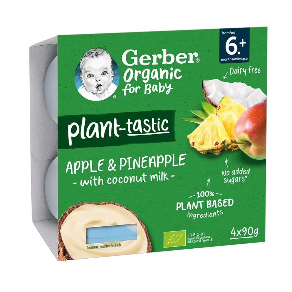 Gerber Organic kókusztej alapú alma-ananász poharas bébidesszert, 6 hónapos kortól (360 g)