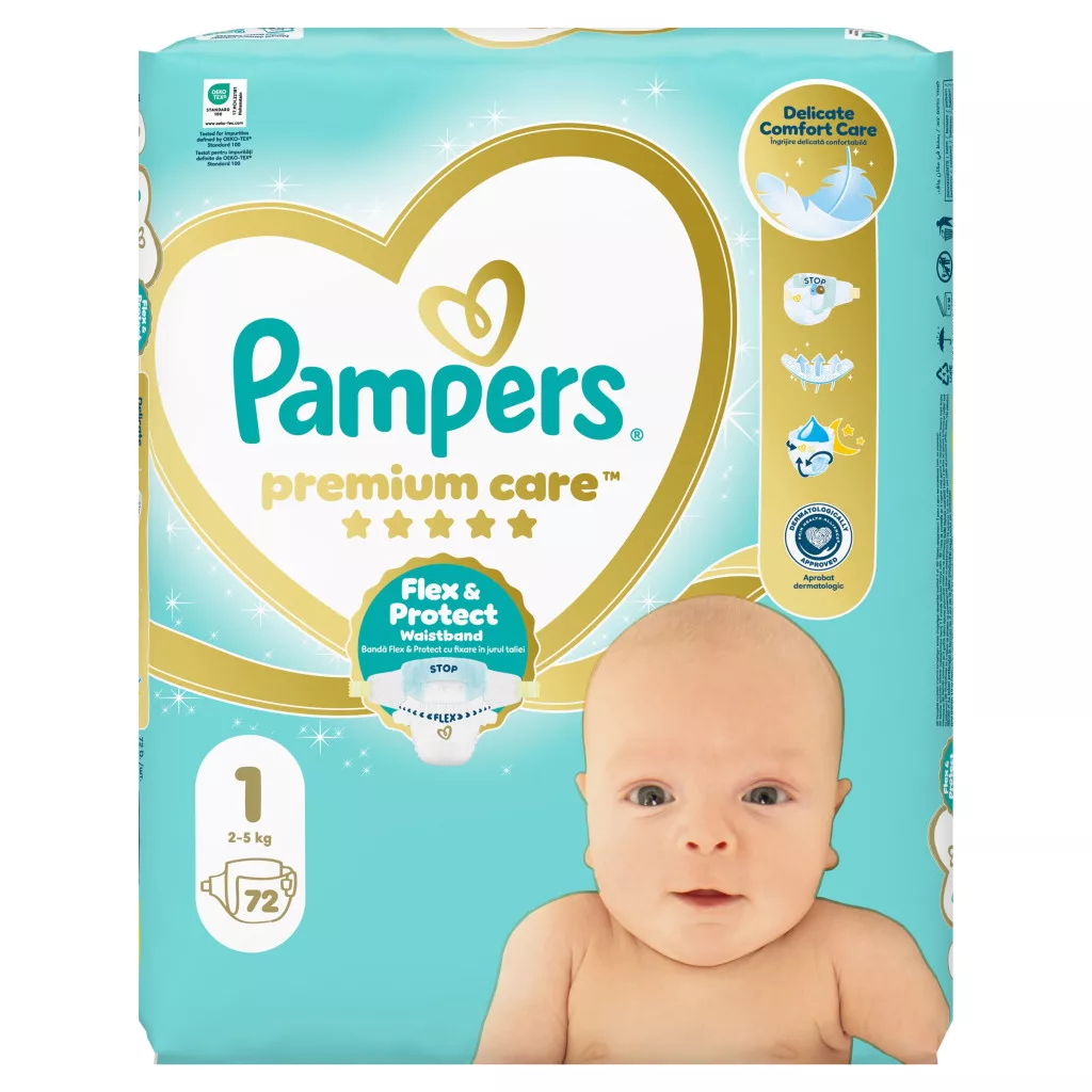 Pampers Premium Care pelenka, Újszülött 1, 2-5 kg, 72 db + AJÁNDÉK Baba az autóban matrica
