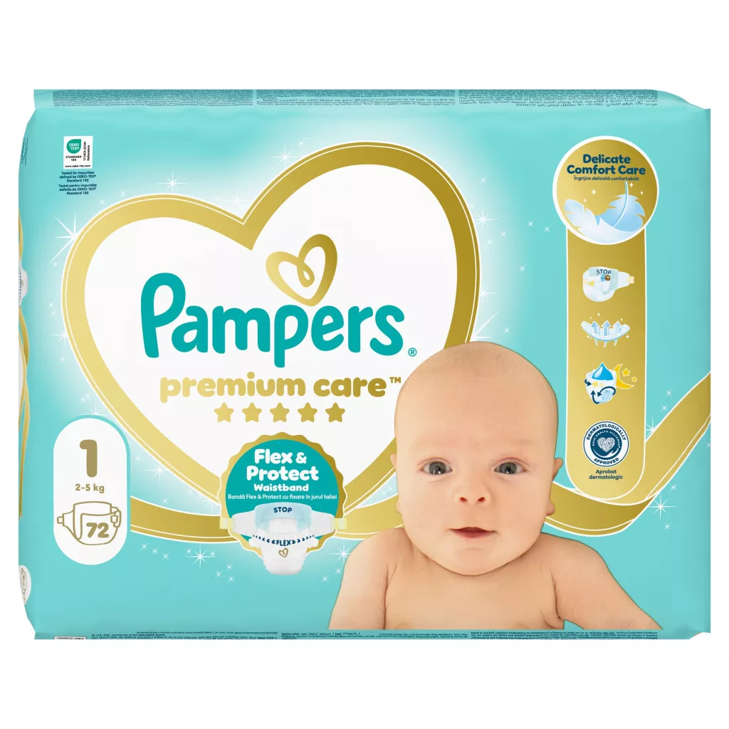 Pampers Premium Care pelenka, Újszülött 1, 2-5 kg, 72 db + AJÁNDÉK Baba az autóban matrica