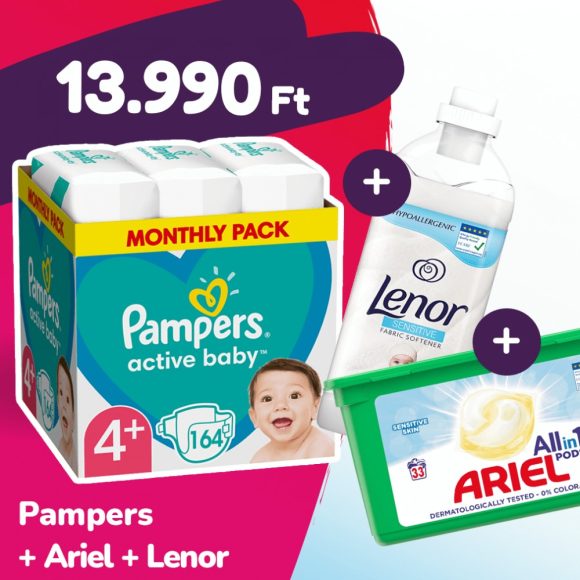 Pampers Active Baby pelenka, Maxi+ 4+, 10-15 kg, 164 db + Ariel mosókapszula + Lenor öblítő