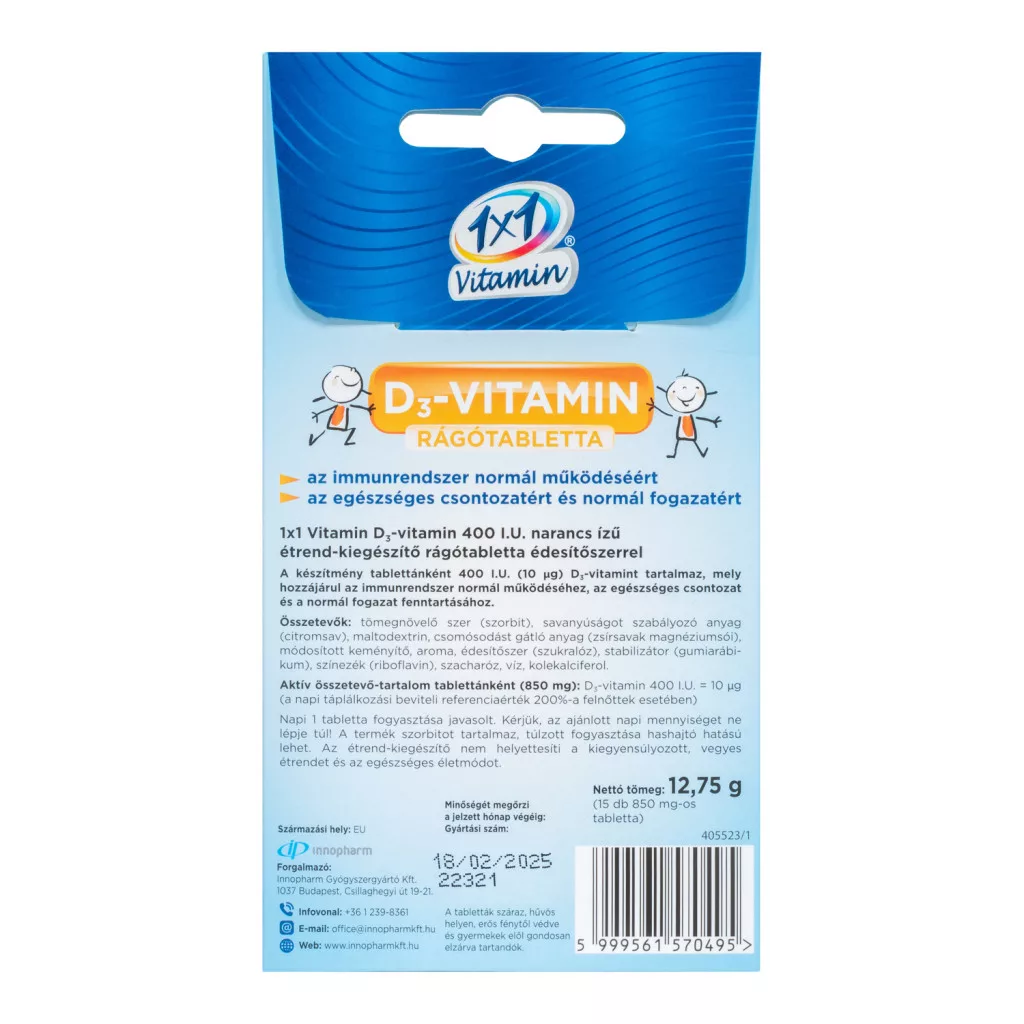 1X1 Vitamin D3-vitamin 400NE napocska formájú  rágótabletta 15x