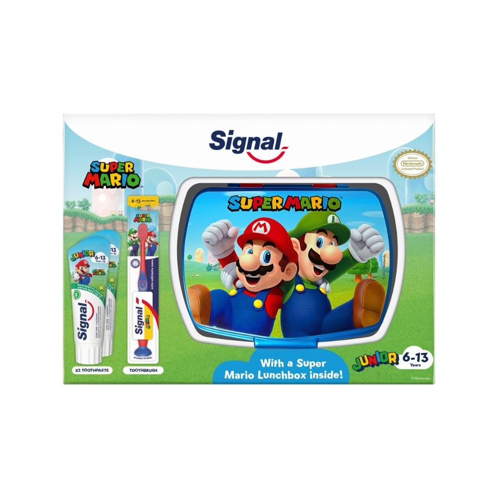 Signal Junior fogkrém 6-13 éves gyerekeknek (2x75) ml + Signal Junior extra puha fogkefe 6-13 éves gyerekeknek + Signal Kids Super Mario uzsonnás doboz