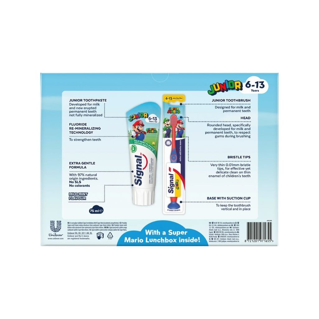 Signal Junior fogkrém 6-13 éves gyerekeknek (2x75) ml + Signal Junior extra puha fogkefe 6-13 éves gyerekeknek + Signal Kids Super Mario uzsonnás doboz