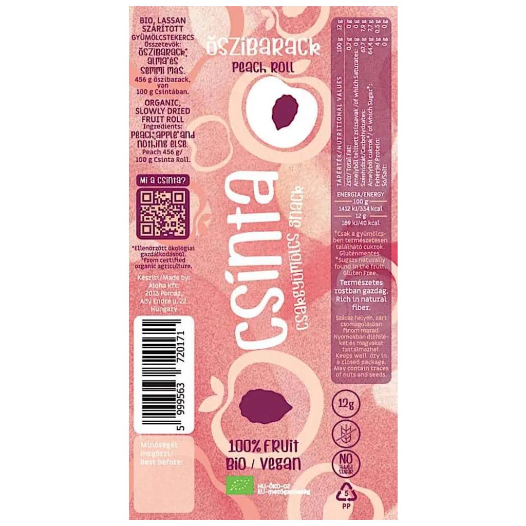 Csinta Bio Őszibarack gyümölcs snack, 12g