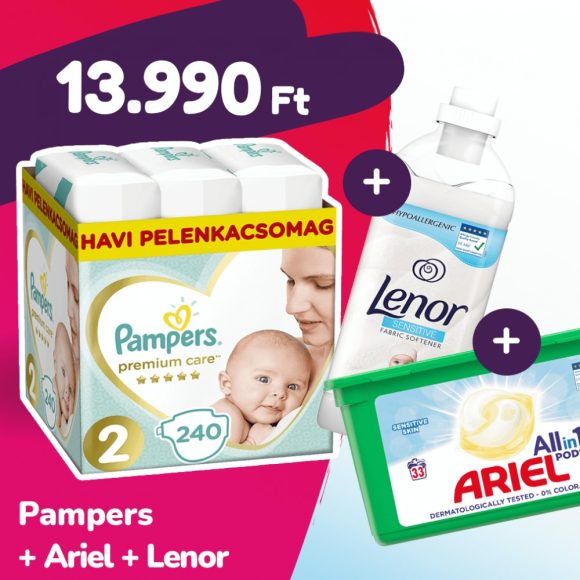 Pampers Premium Care pelenka, Mini 2, 4-8 kg, 240 db + Ariel mosókapszula + Lenor öblítő