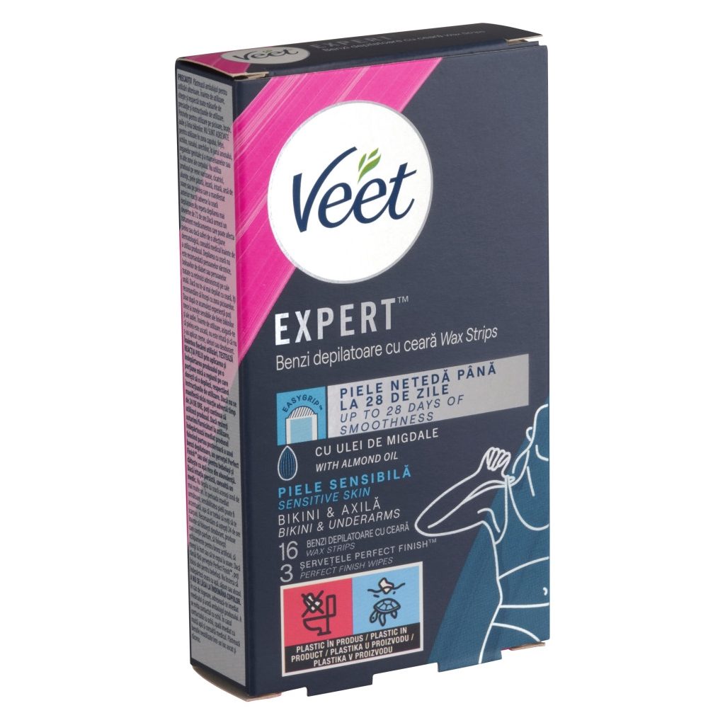 Veet Expert használatra kész hideggyanta szalagok – bikinire & hónaljra, érzékeny bőrre (16 db)