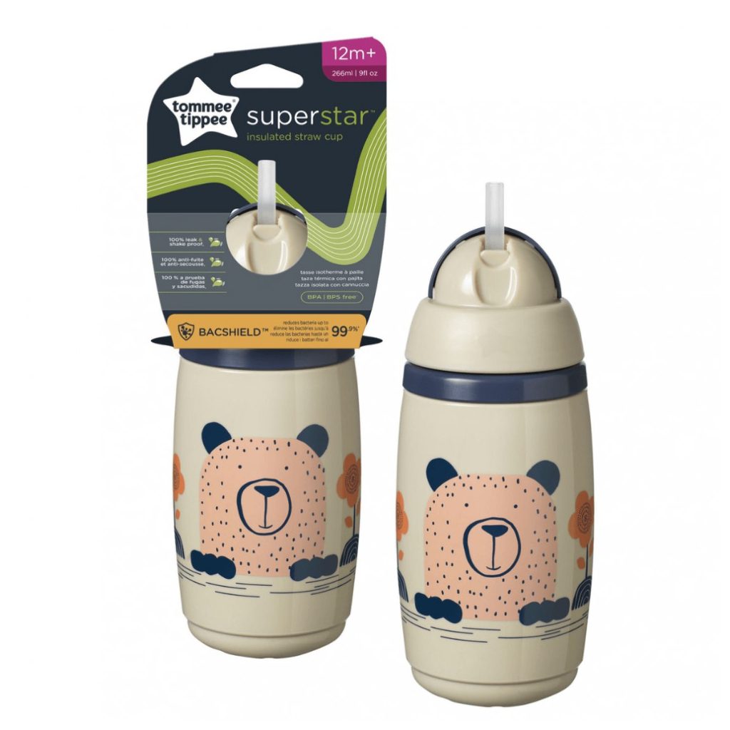Tommee Tippee Superstar insulated straw szívószálas hőtartó pohár 266 ml, 12 hó+ (bézs)