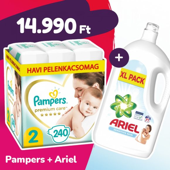 Pampers Premium Care pelenka, Mini 2, 4-8 kg, 240 db + Ariel Sensitive mosógél