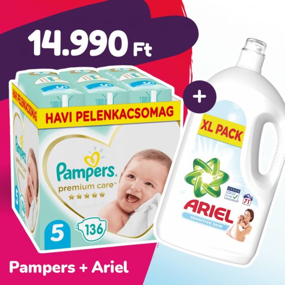 Pampers Premium Care pelenka, Junior 5, 11-16 kg, 136 db + Ariel Sensitive mosógél
