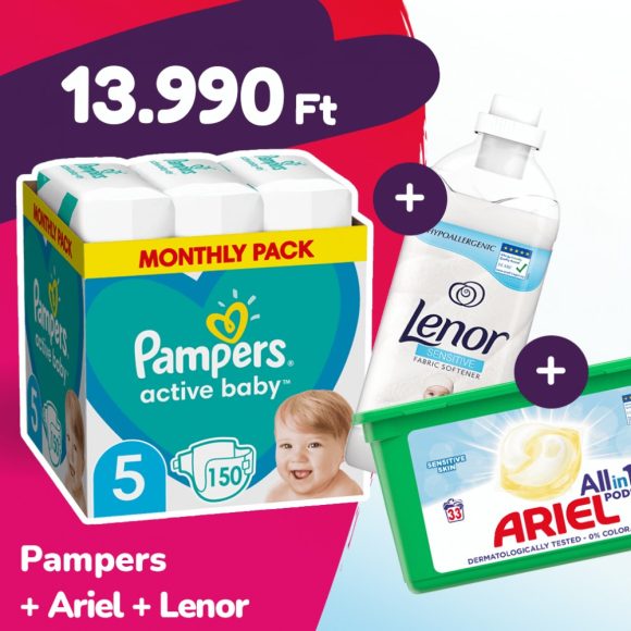 Pampers Active Baby pelenka, Junior 5, 11-16 kg, 150 db + Ariel mosókapszula + Lenor öblítő