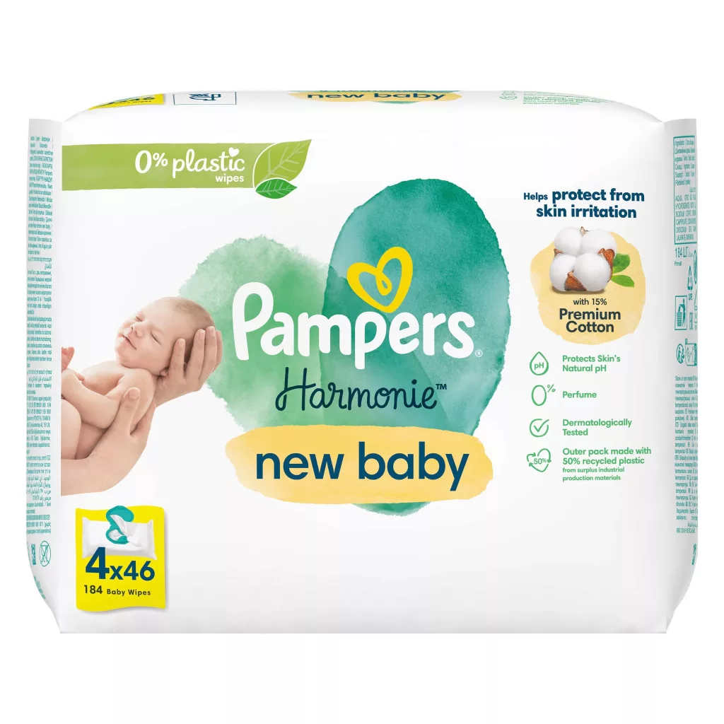 CSOMAGOLÁSSÉRÜLT - Pampers Harmonie New Baby Plastic Free műanyagmentes nedves törlőkendő 4x46 db