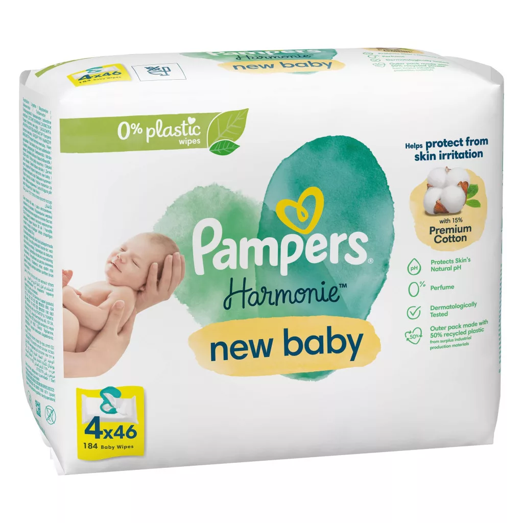 CSOMAGOLÁSSÉRÜLT - Pampers Harmonie New Baby Plastic Free műanyagmentes nedves törlőkendő 4x46 db