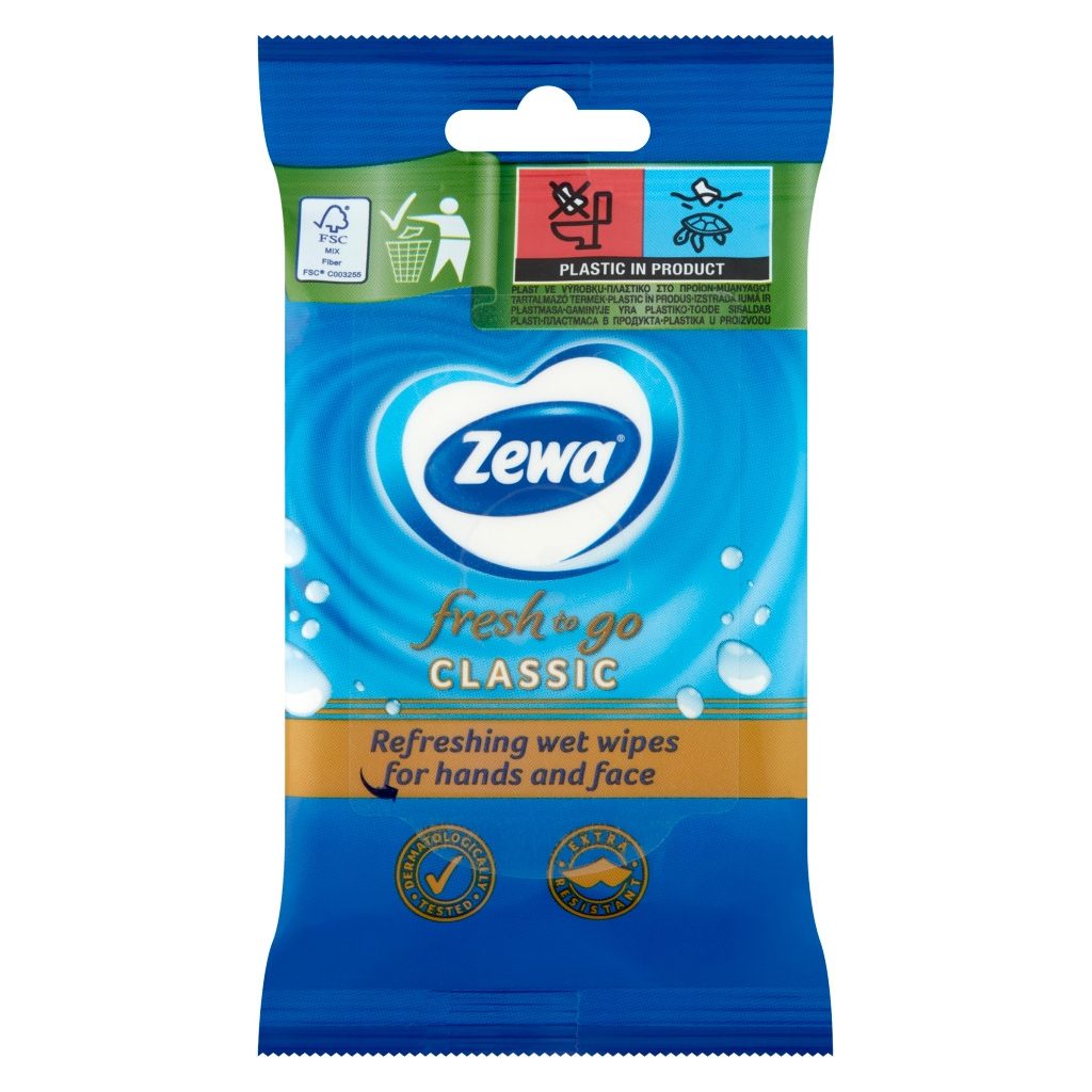 Zewa Fresh To Go Classic frissítő nedves kéz- és arctörlő kendő (10 db)