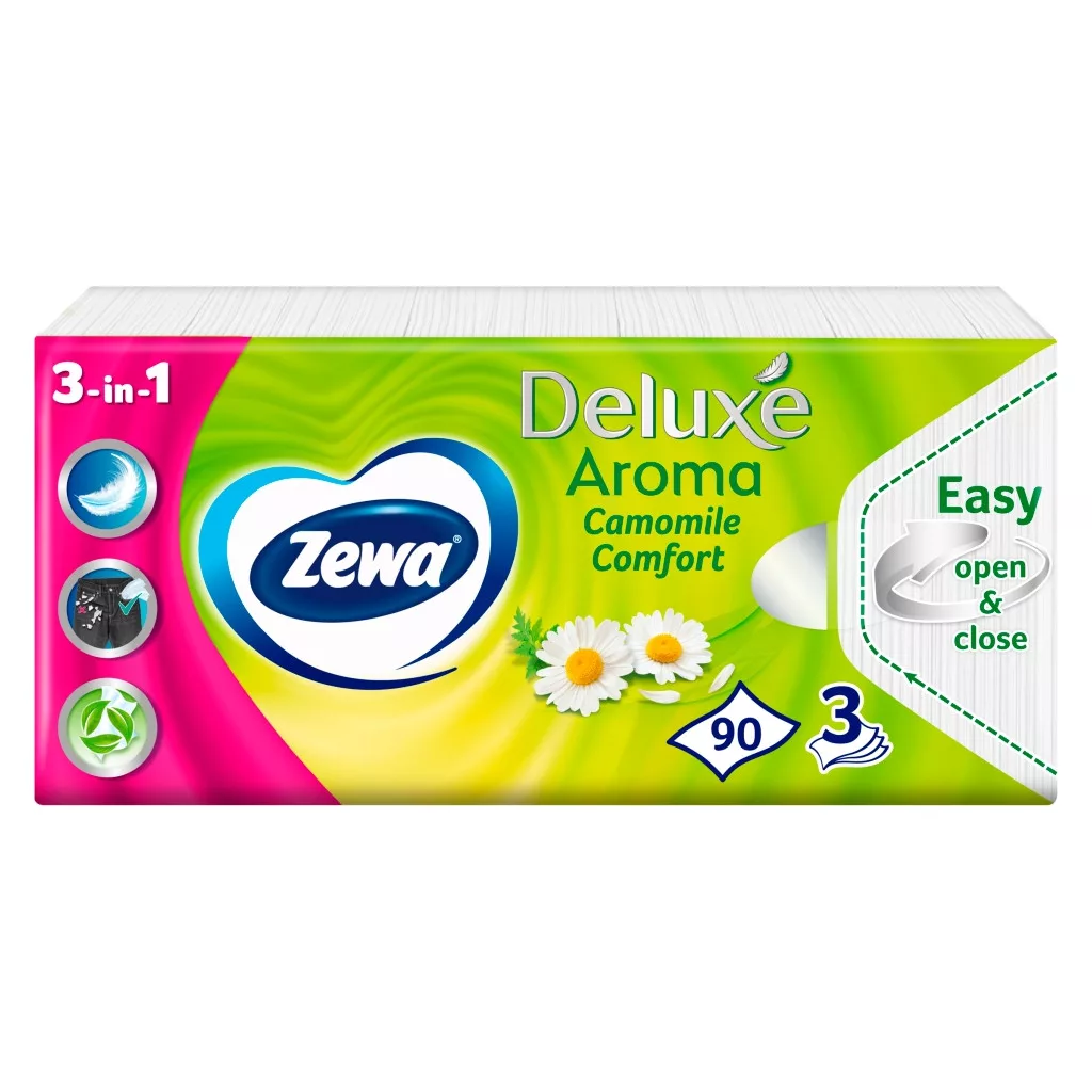 Zewa Deluxe Camomile Comfort 3 rétegű illatosított papírzsebkendő (90 db)