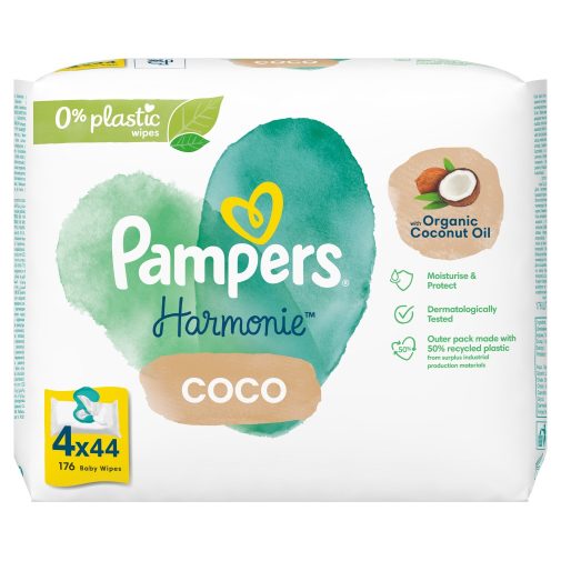 Pampers Harmonie Coconut Plastic Free műanyagmentes kókuszos nedves törlőkendő 4x44 db