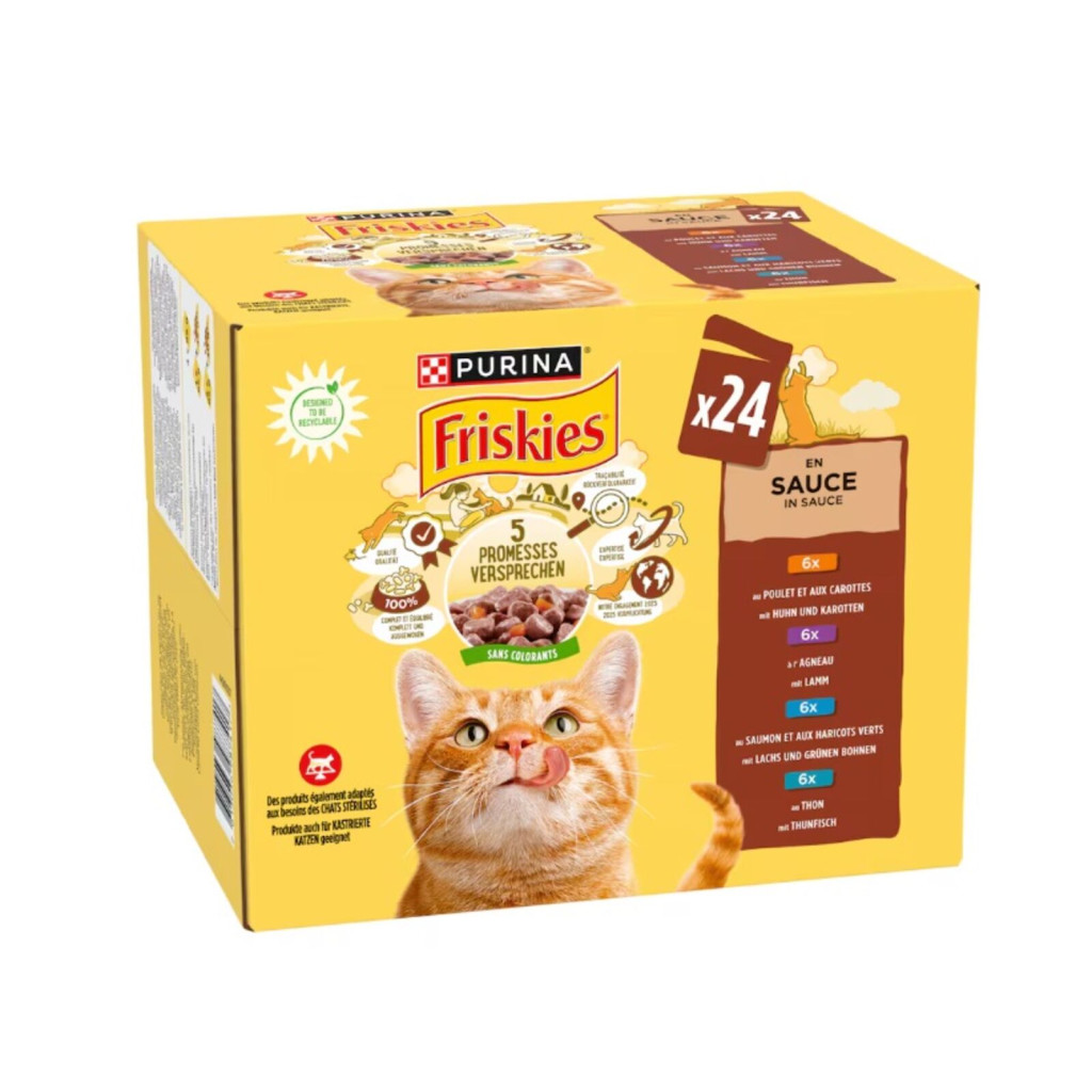 Purina Friskies alutasakos macskaeledel csirkével, báránnyal, lazaccal és tonhallal szószban (24x85 g)