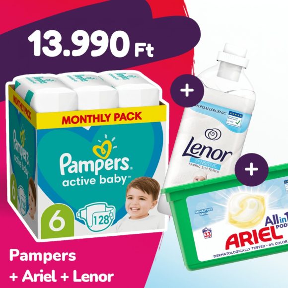 Pampers Active Baby pelenka, Junior 6, 13-18 kg, 128 db + Ariel mosókapszula + Lenor öblítő