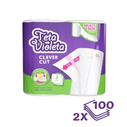   Violeta háztartási papírtörlő Piknik Clever Cut felezhető lapokkal 2 tekercs (2x100 lap)