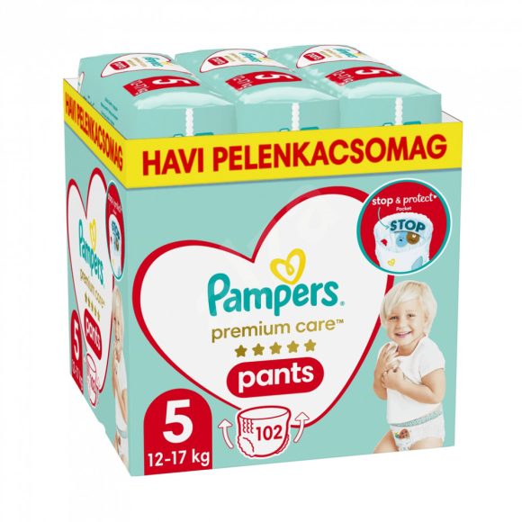 Pampers Premium Care Pants bugyipelenka 5, 12-17 kg, HAVI PELENKACSOMAG 102 db