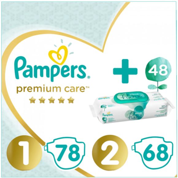 Pampers Premium Care 1, 2-5 kg, 78 db + 2, 4-8 kg, 68 db + Pampers Aqua Pure nedves törlőkendő 48 db