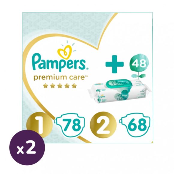 Pampers Premium Care 1, 2-5 kg, 2x78 db + 2, 4-8 kg, 2x68 db + Pampers Aqua Pure nedves törlőkendő 2x48 db